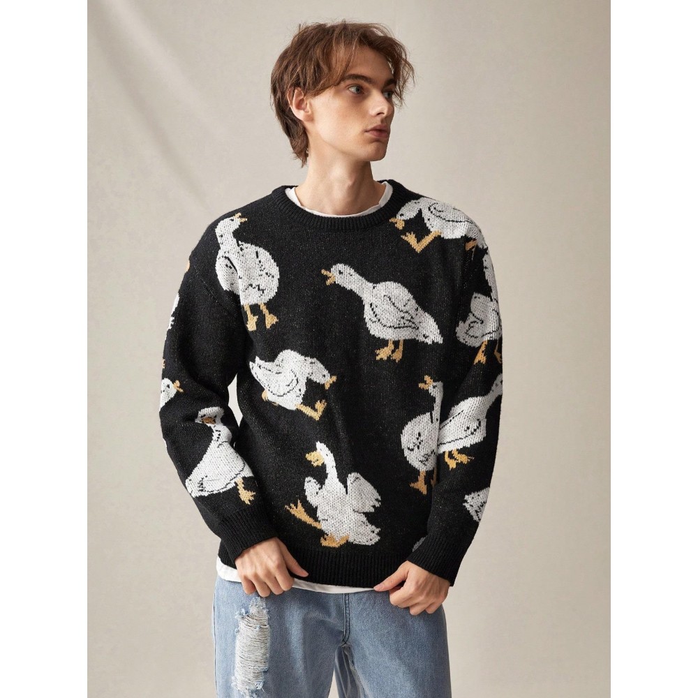 Men's Trendy Cute Pattern Animal Goose Pullover Casual Couple Street Round Neck Sweater Knitwear Warm
