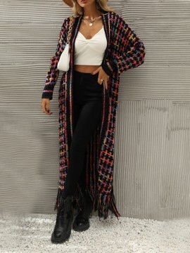 Women'S Elegant Fringe Long Cardigan - Non-Stretchy Loose Fit Winter Coat with Tassel Trim, Friendly, Belted Waist, Fall/Winter Outerwear for Everyday & Formal