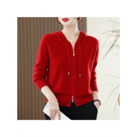 Spring and Autumn Women'S Hooded Cardigan | Long-Sleeved, Loose Fit, Solid Color, V-Neck, Elegant Style