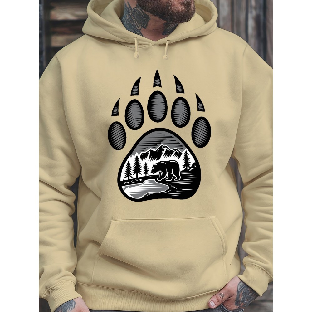 Plus-Size Men'S 3D Digital Print Bear Paw & Forest Graphic Hooded Sweatshirt - with Wildlife Design, Casual Long Sleeve Pullover, Regular Fit for Outdoor & Casual Attire, Nature-Inspired Men'S Fashion, Plus Size