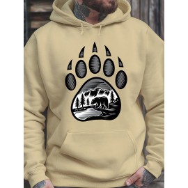 Plus-Size Men'S 3D Digital Print Bear Paw & Forest Graphic Hooded Sweatshirt - with Wildlife Design, Casual Long Sleeve Pullover, Regular Fit for Outdoor & Casual Attire, Nature-Inspired Men'S Fashion, Plus Size