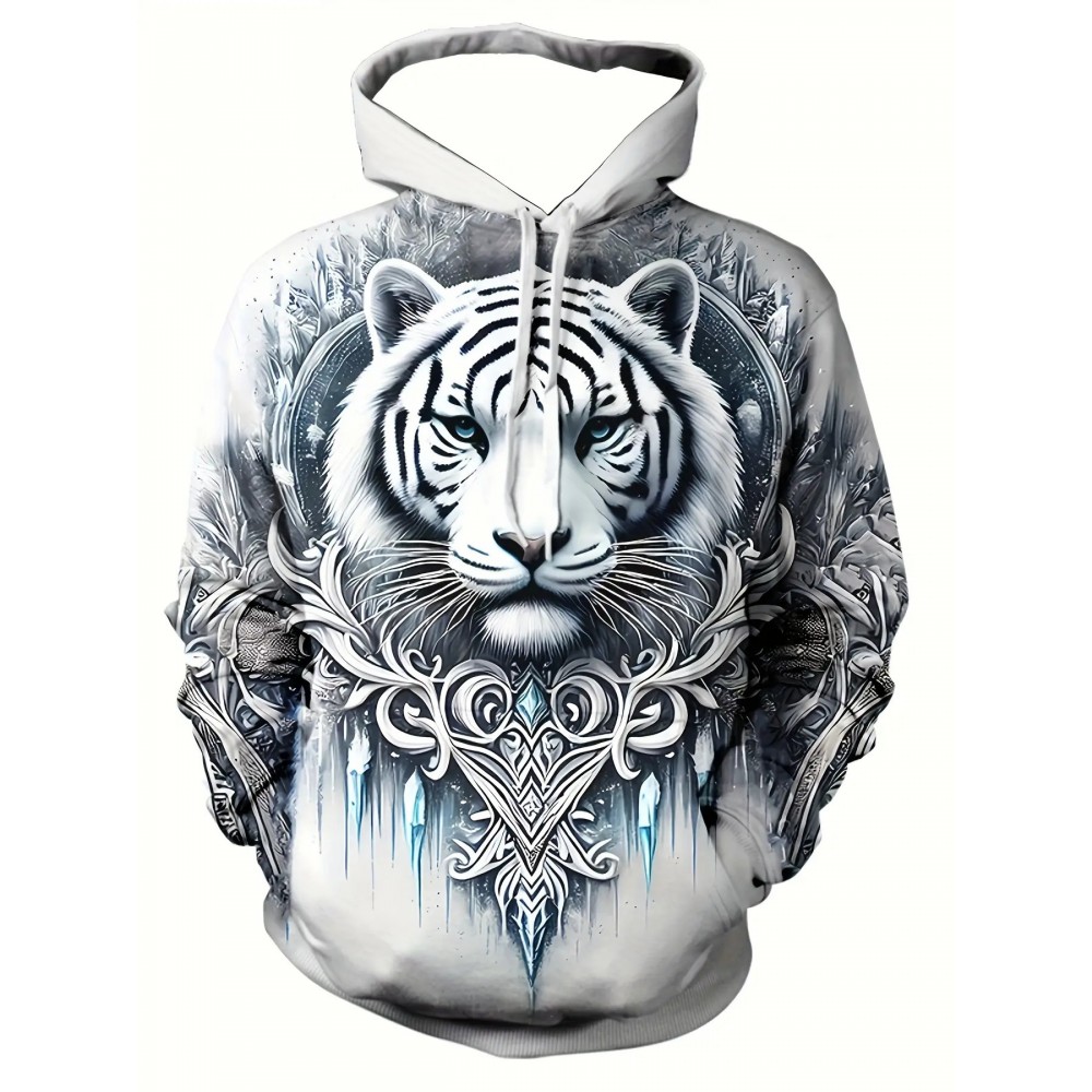 Men'S 3D Ice And Snow World Hoodie Featuring a White Tiger Design - a Long-Sleeve Casual Pullover with Drawstring Pockets, Adorned with Nature-Inspired Decorations And High-Quality Detailed Prints, Made from Machine-Washable Fabric, Plus Size