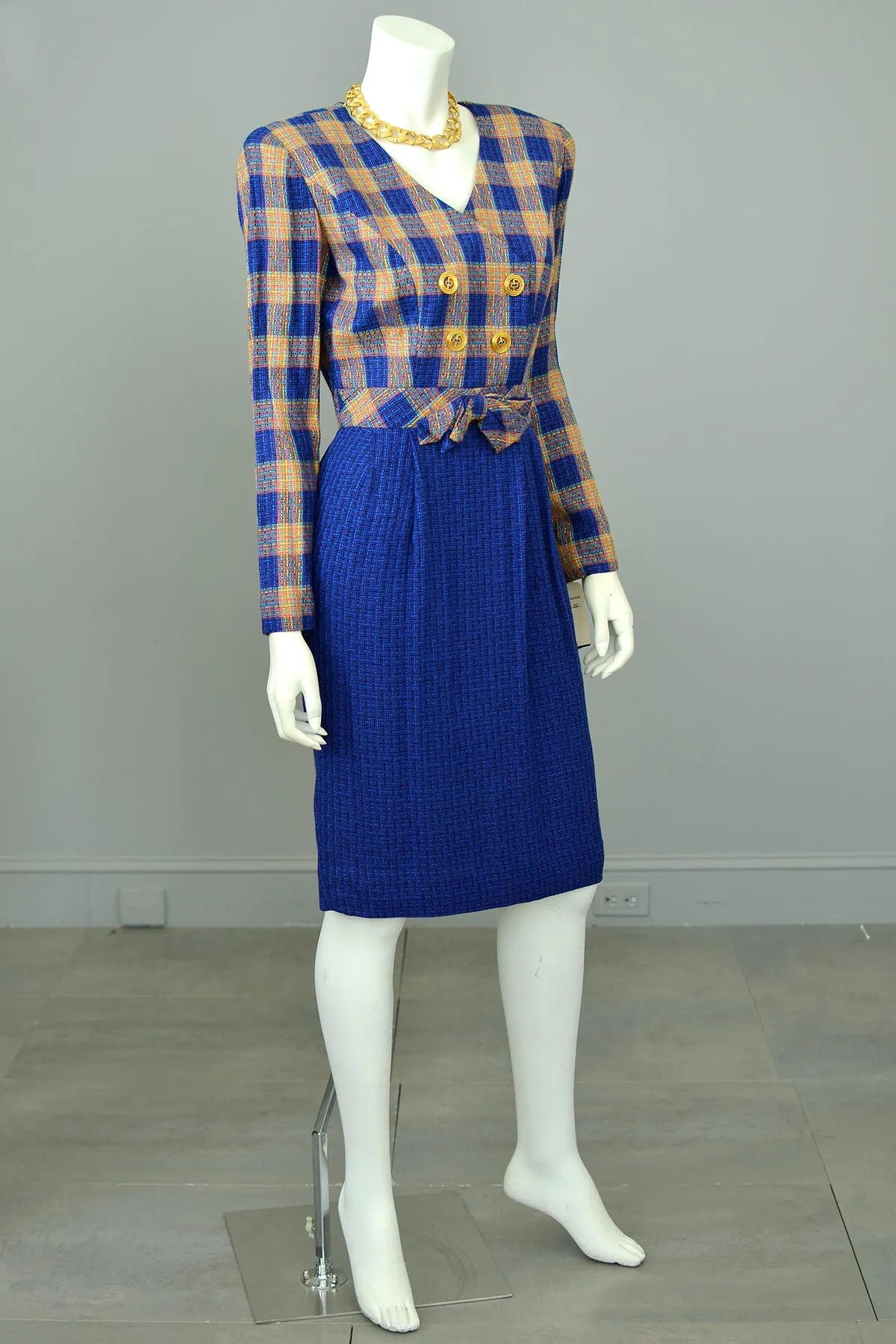 1990s Vibrant Plaid Tweed Suit Dress | Girl Boss Dress | Office Chic Dress