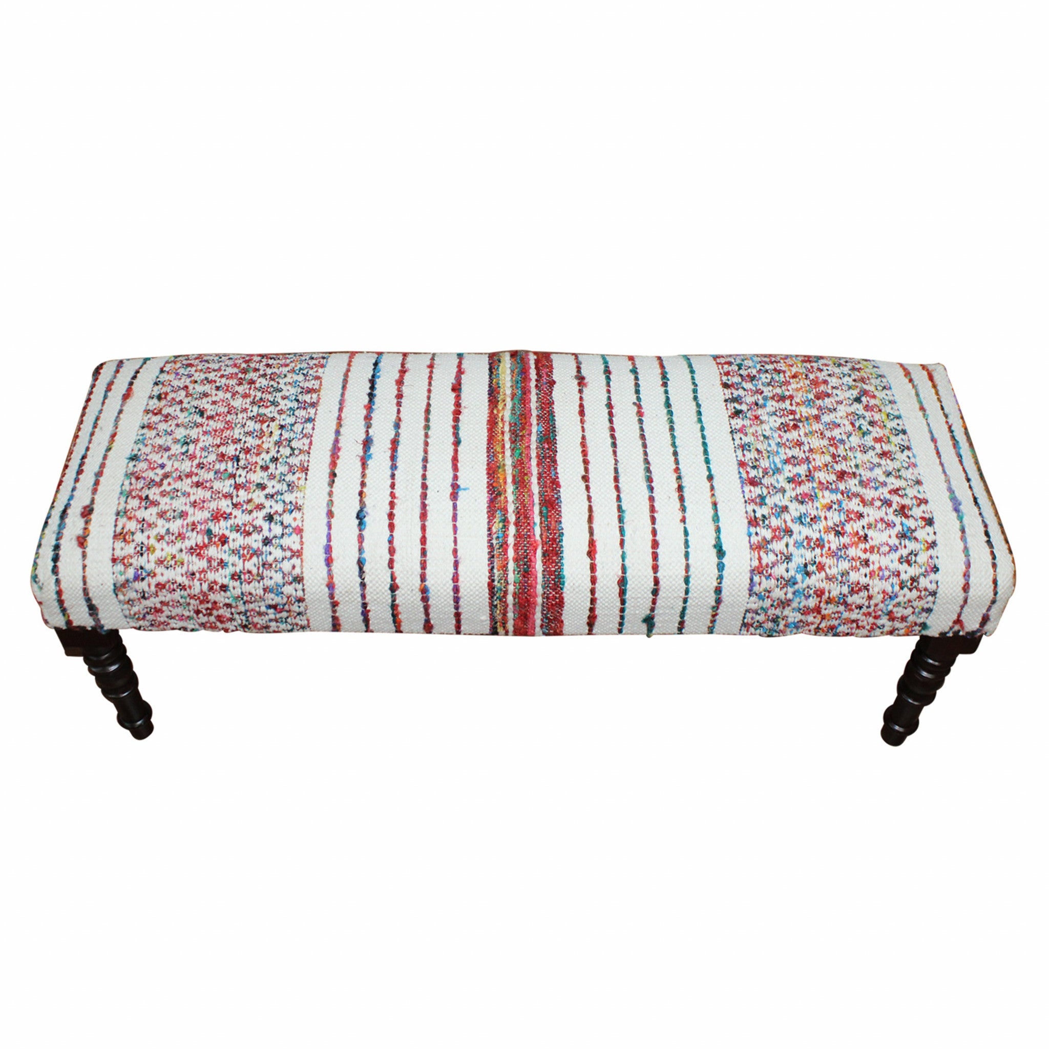 47 Ivory Red and Pink Black Leg Chevron Stripe Upholstered Bench