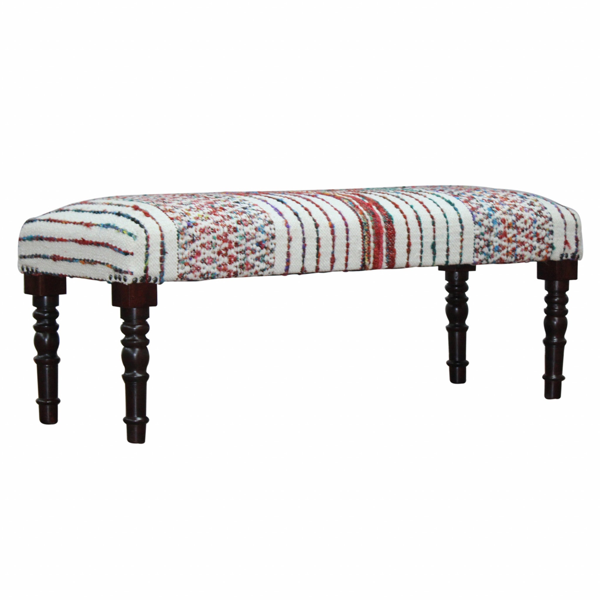 47 Ivory Red and Pink Black Leg Chevron Stripe Upholstered Bench