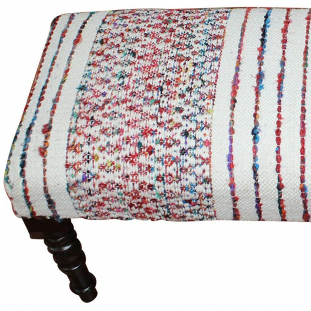 47 Ivory Red and Pink Black Leg Chevron Stripe Upholstered Bench