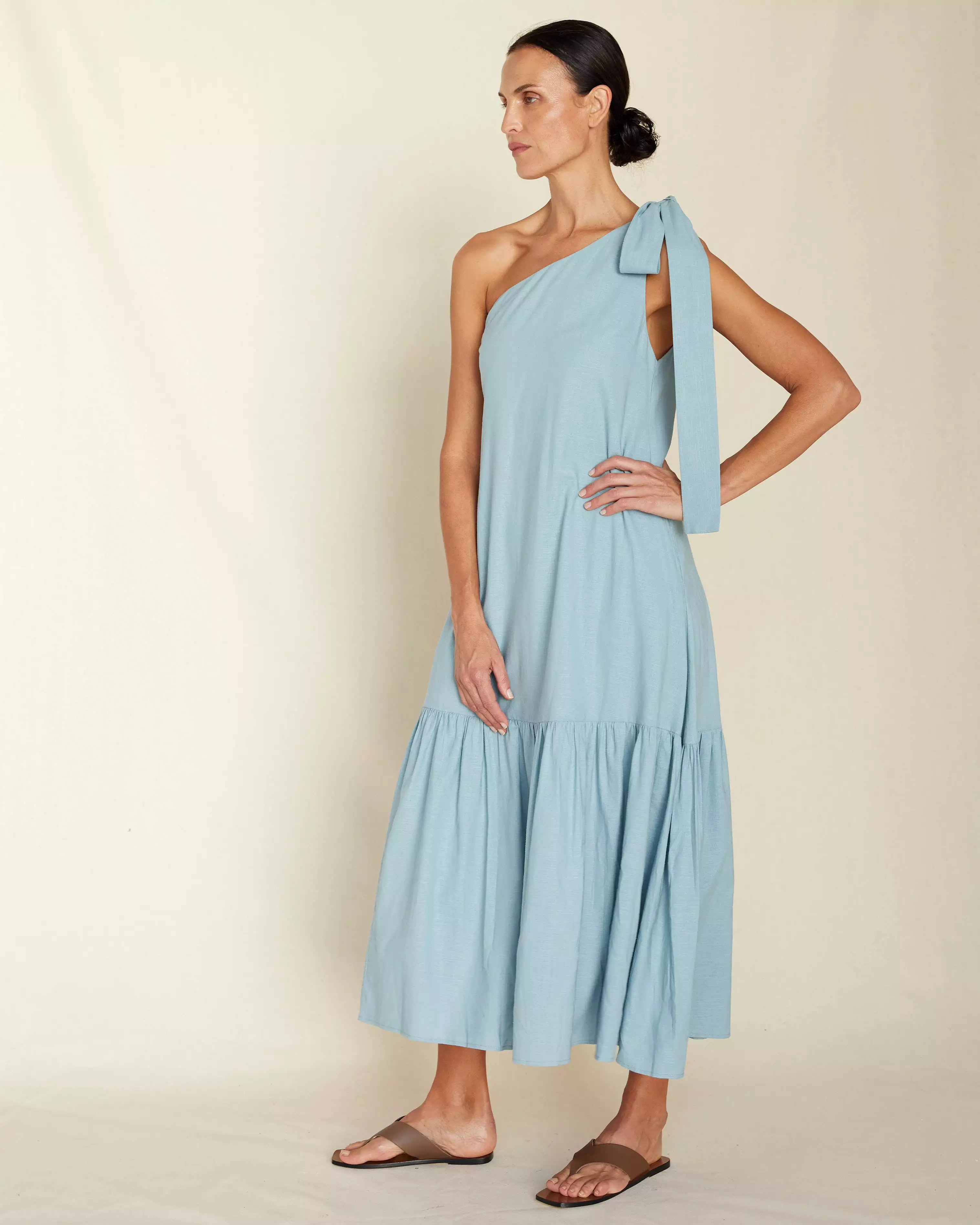 Aruba Linen One Shoulder Dress - Duckegg Blue