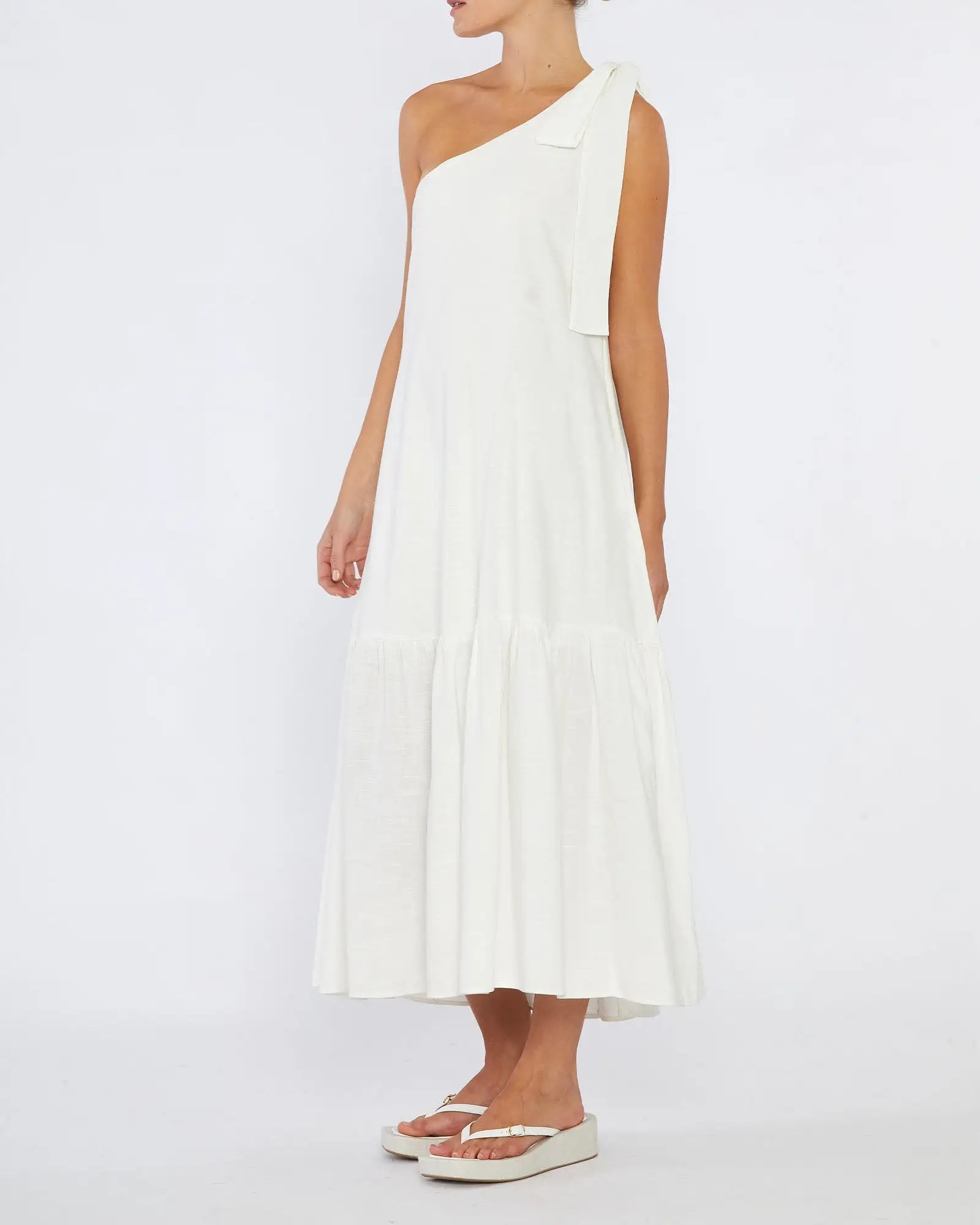 Aruba Linen One Shoulder Dress - White