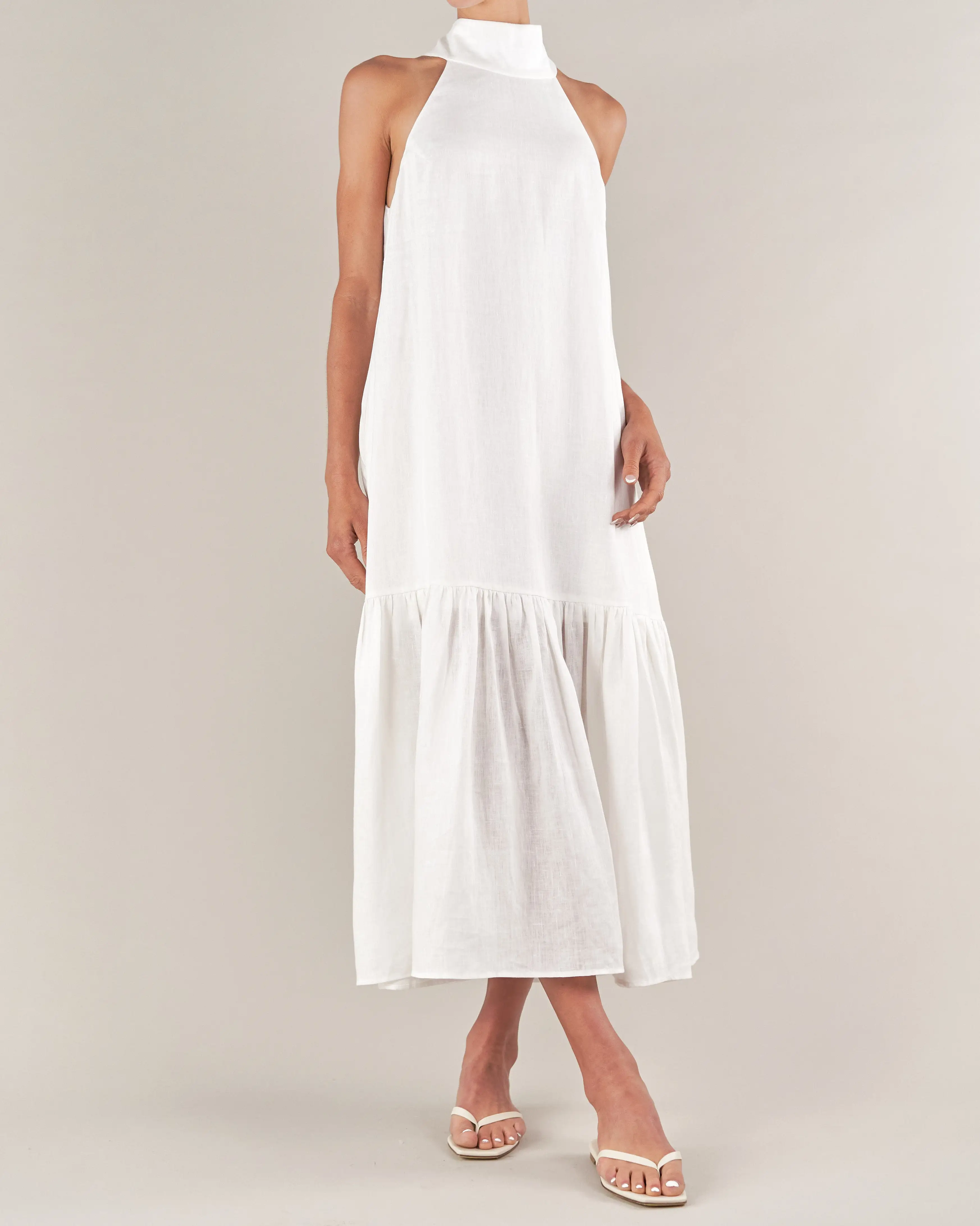 Aruba Linen Tie-Neck Dress - White