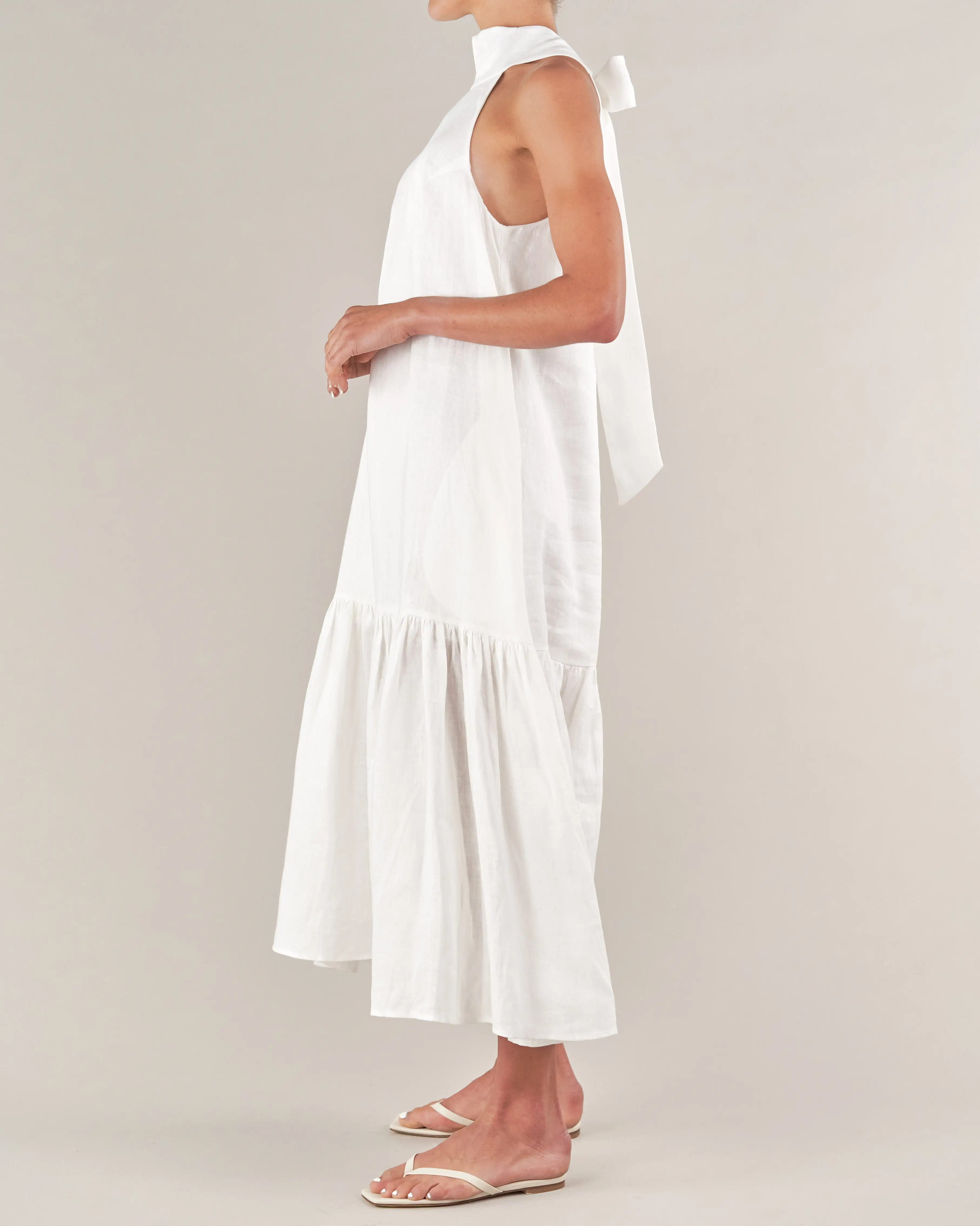 Aruba Linen Tie-Neck Dress - White