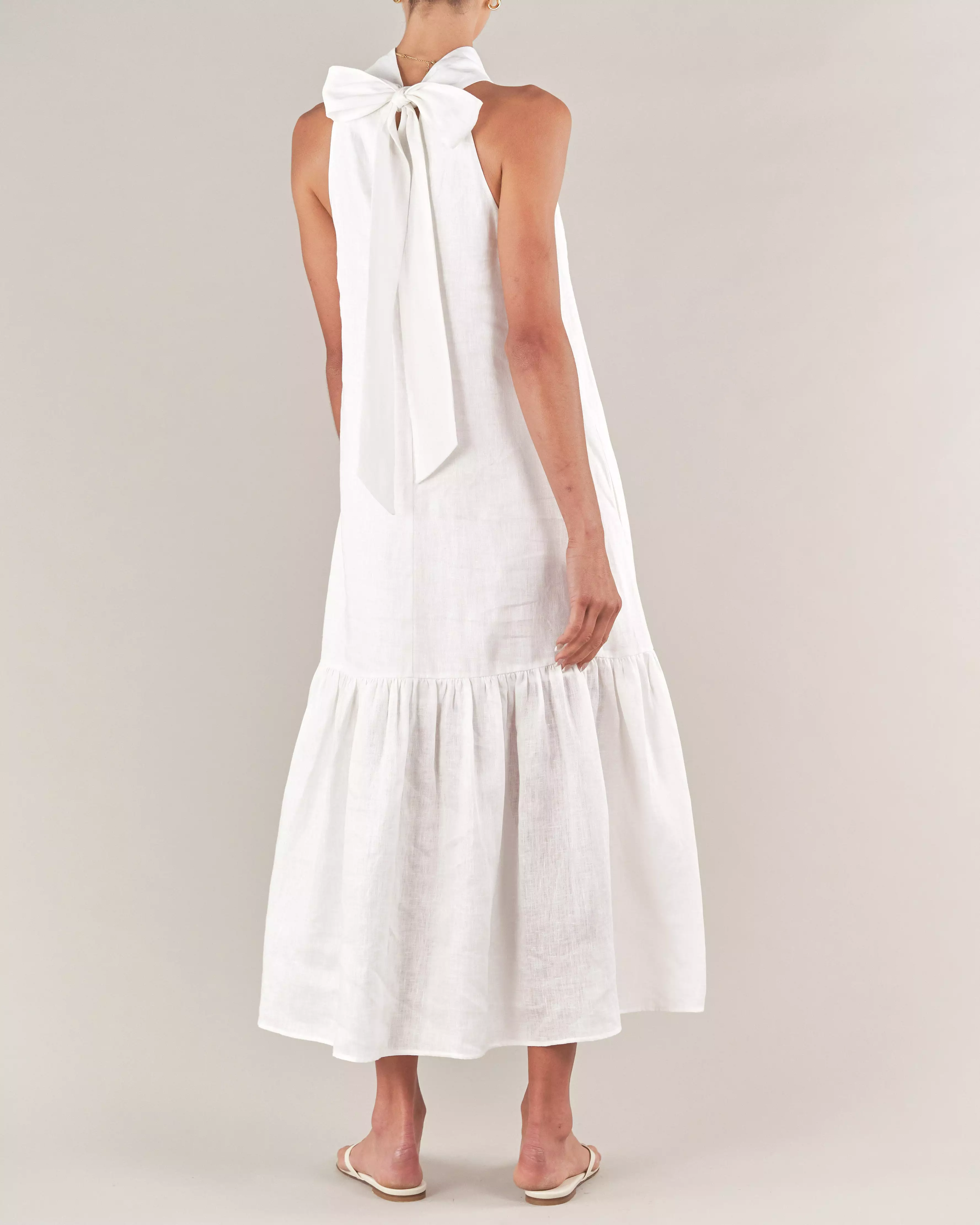 Aruba Linen Tie-Neck Dress - White