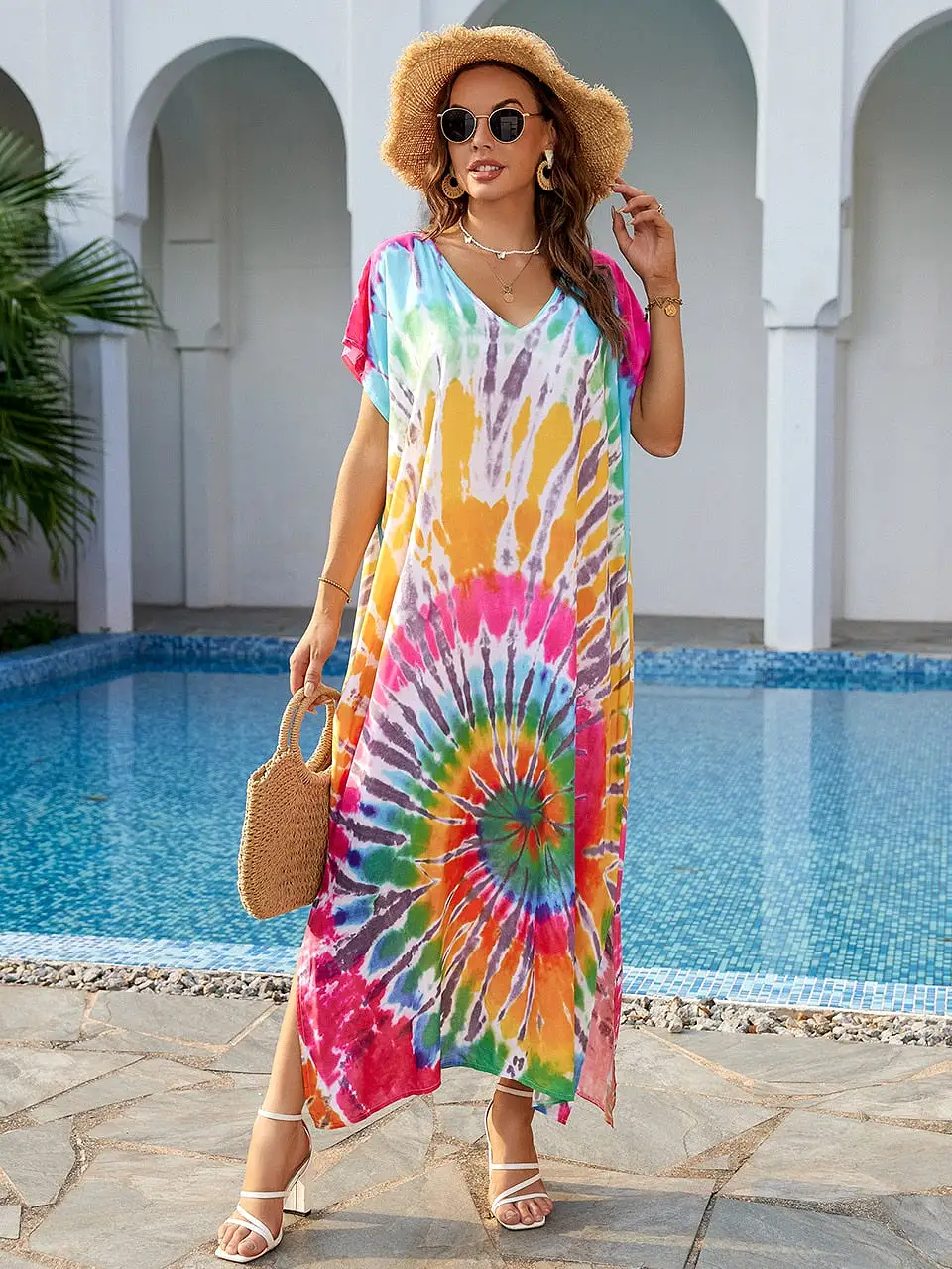 Ashore Shop 2023 Boho Tie Dye Oversize Kaftan Beach Cover Up for Women Holiday Casual Loose Long Dress Robe Beachwear Swim Suit 