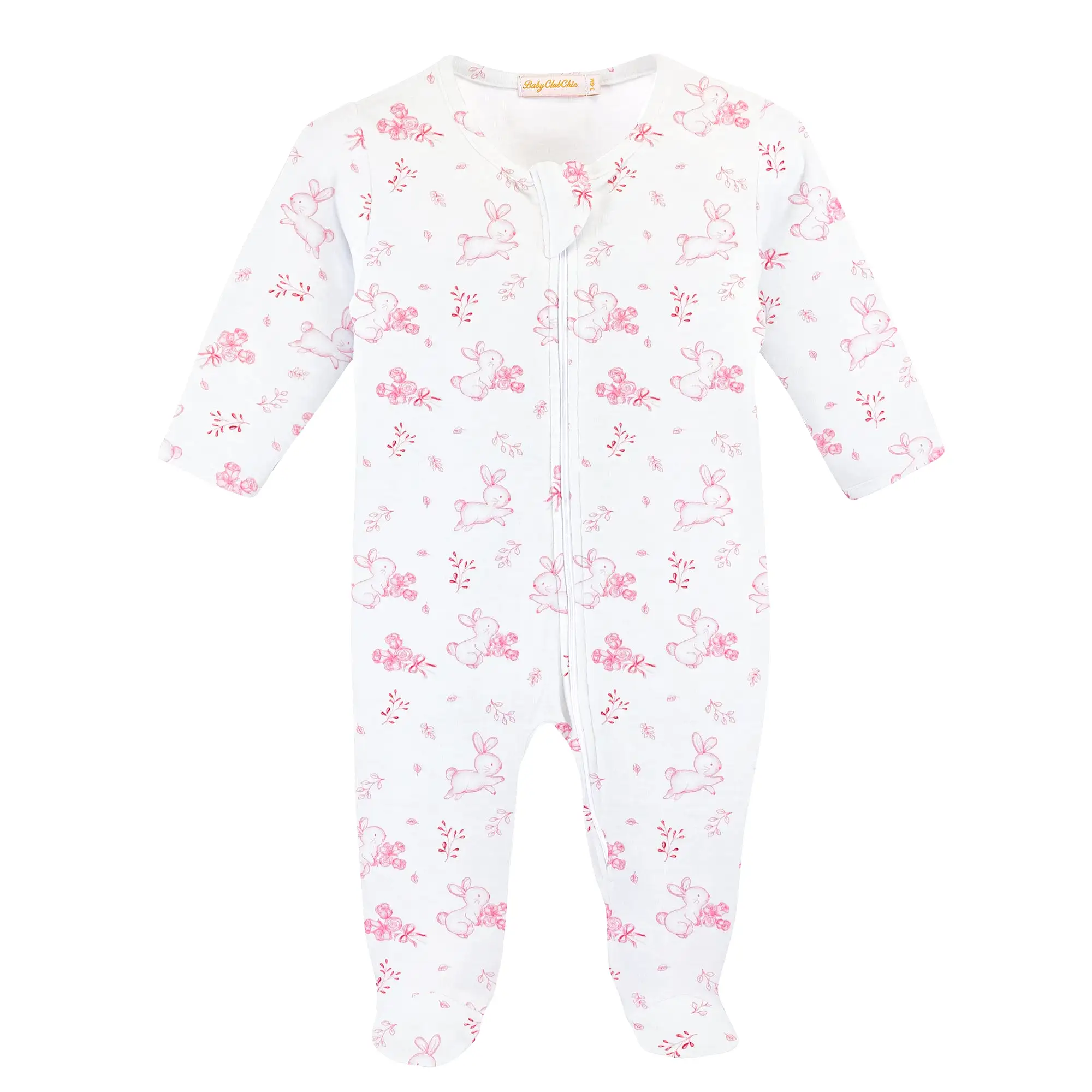 Baby Club Chic - Pink Baby Bunnies Zip Footie