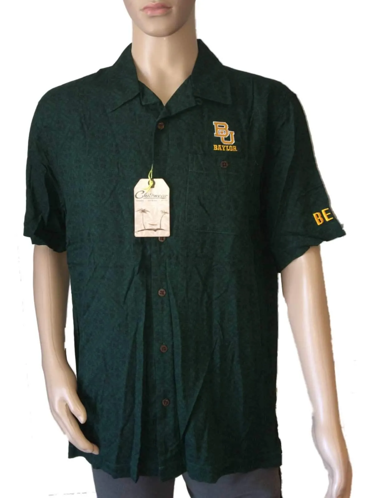 Baylor Bears Chiliwear Green Black Pattern SS Collared Button Down T-Shirt (L)