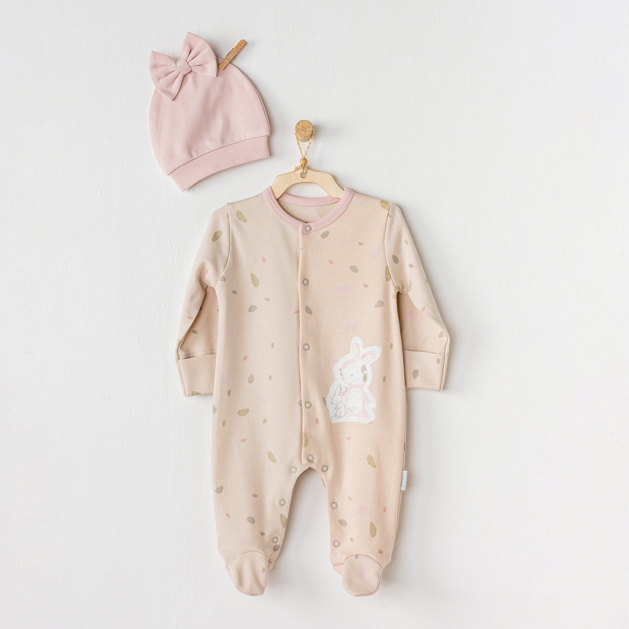 Beige Bunny Leaf Print Babysuit