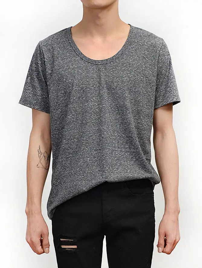 Black Casual Short Sleeve Tshirts Mens Tees Slub Fabric Scoop Neck Tops