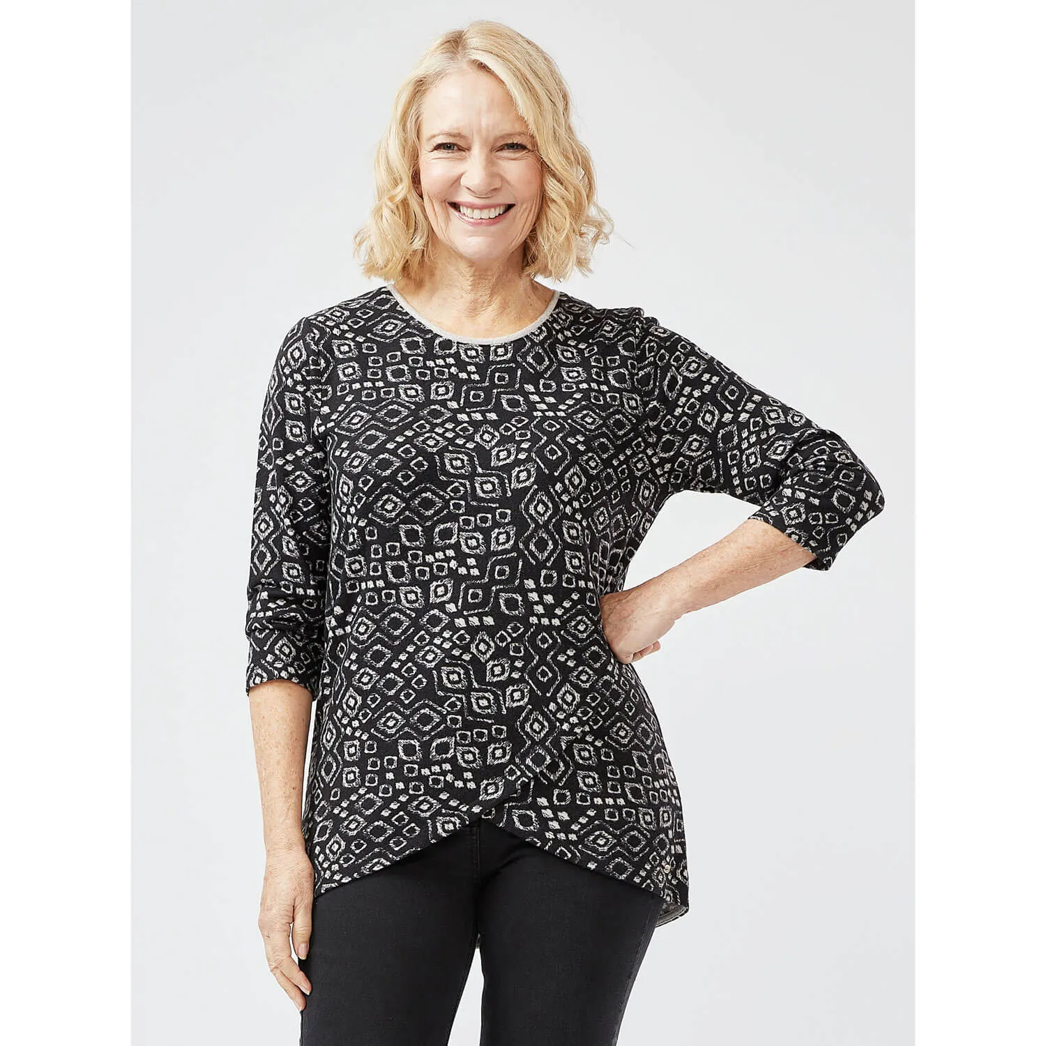 Black Tile Print Cross Over Top