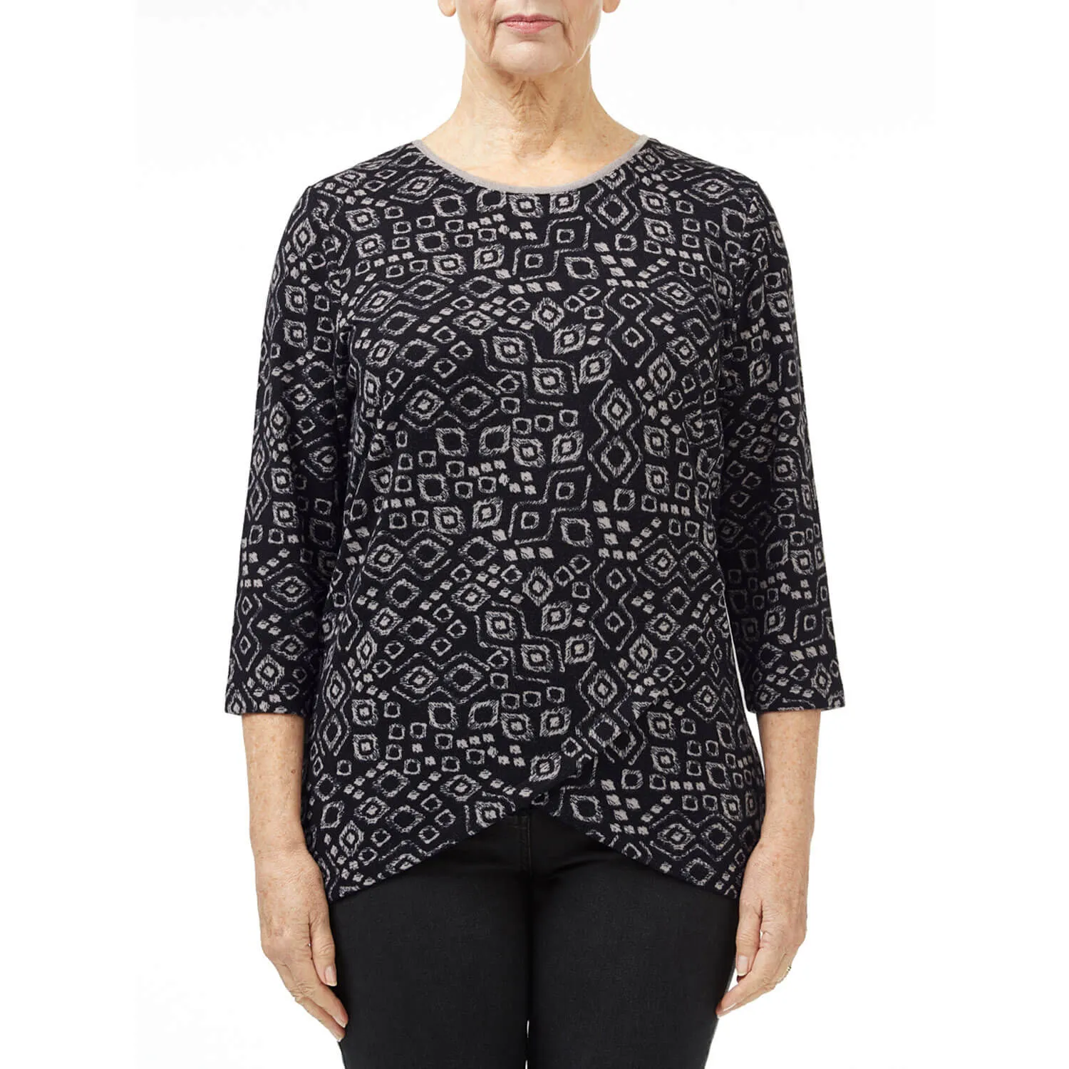 Black Tile Print Cross Over Top