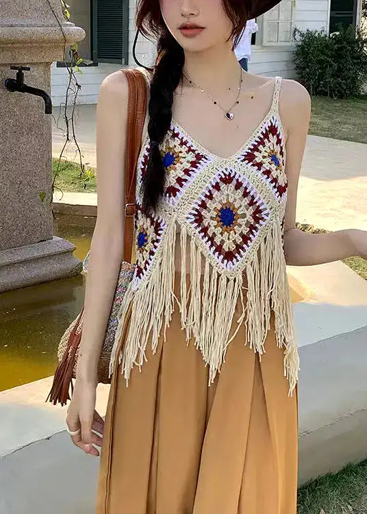 Bohemian Apricot Hollow Out Tasseled Strap Tank Summer HA1019