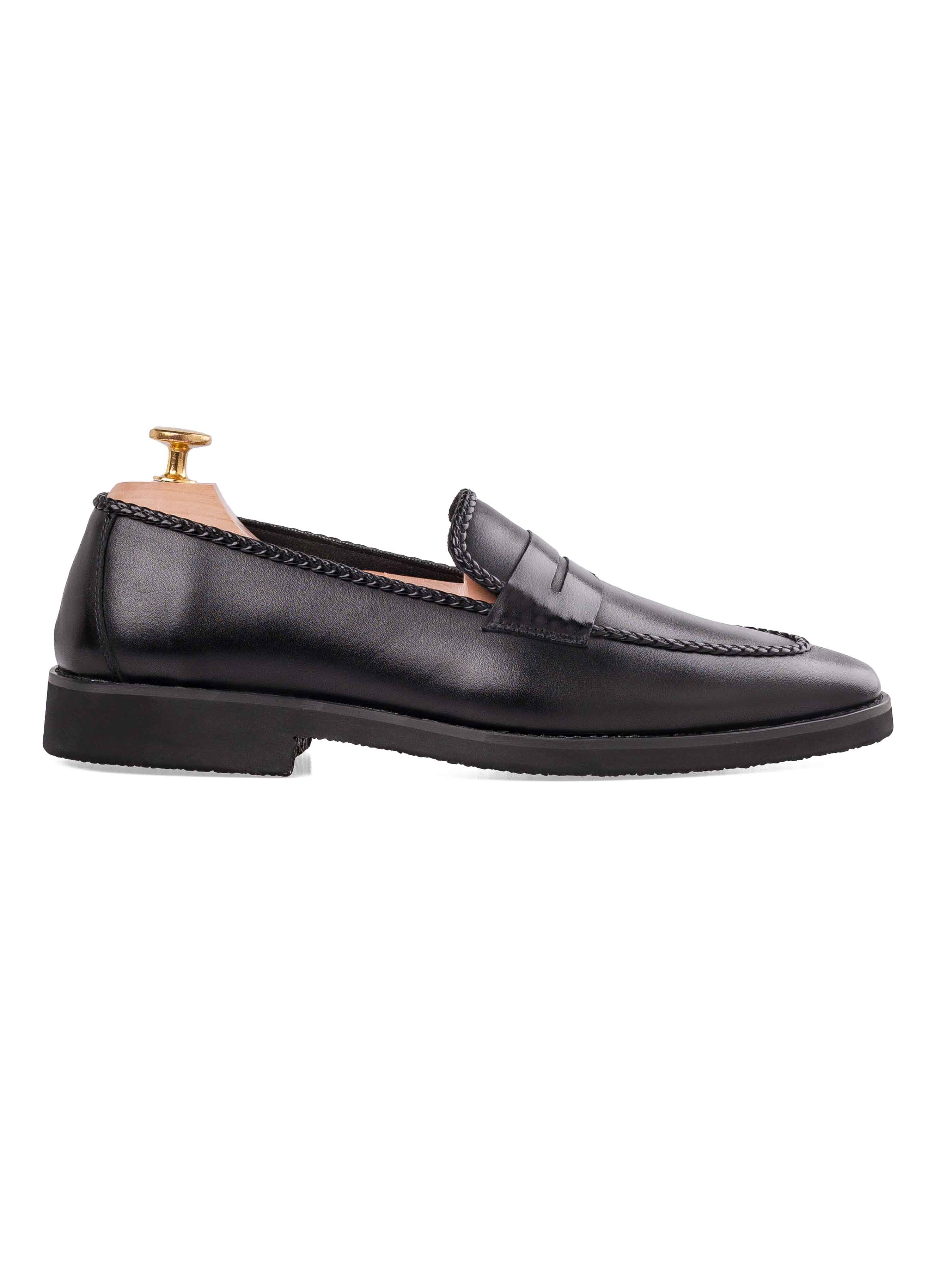 Braided Penny Loafer - Solid Black (Crepe Sole)