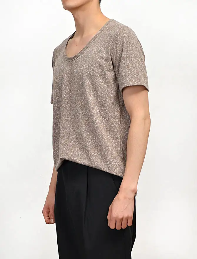 Brown Casual Short Sleeve Tshirts Mens Tees Slub Fabric Scoop Neck Tops