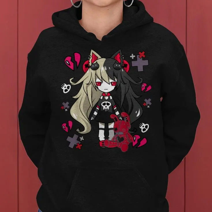 Chibi Kawaii Emo Pastel Goth Girl With Sad Bunny Women Hoodie