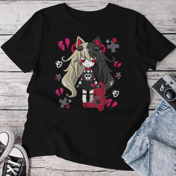 Chibi Kawaii Emo Pastel Goth Girl With Sad Bunny Women T-shirt