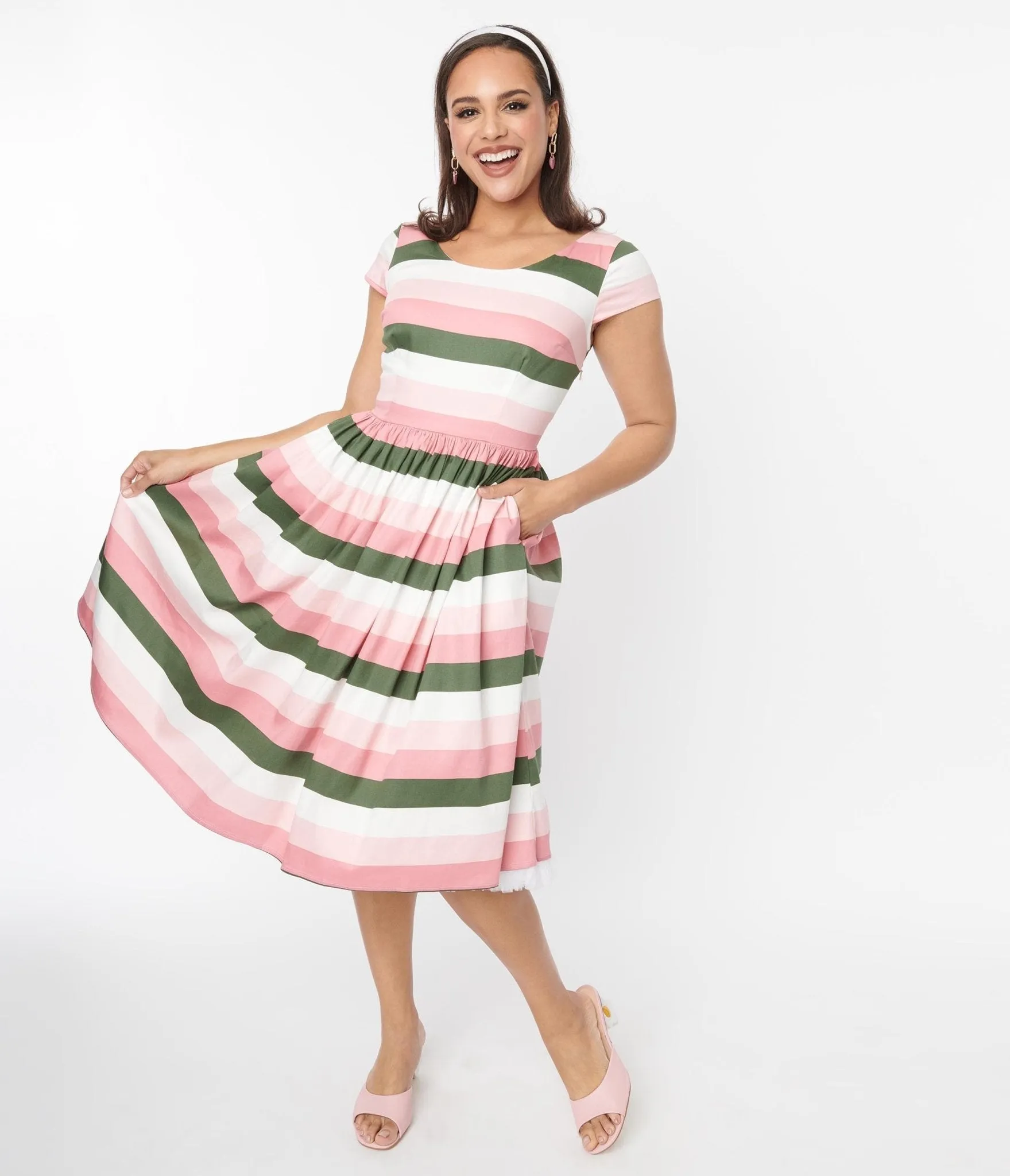 Collectif Pink & Green Stripe Swing Dress