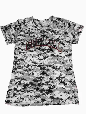 Cornell University WOMENS Gray Black & White Digital Camo SS V- Neck T-Shirt (M)