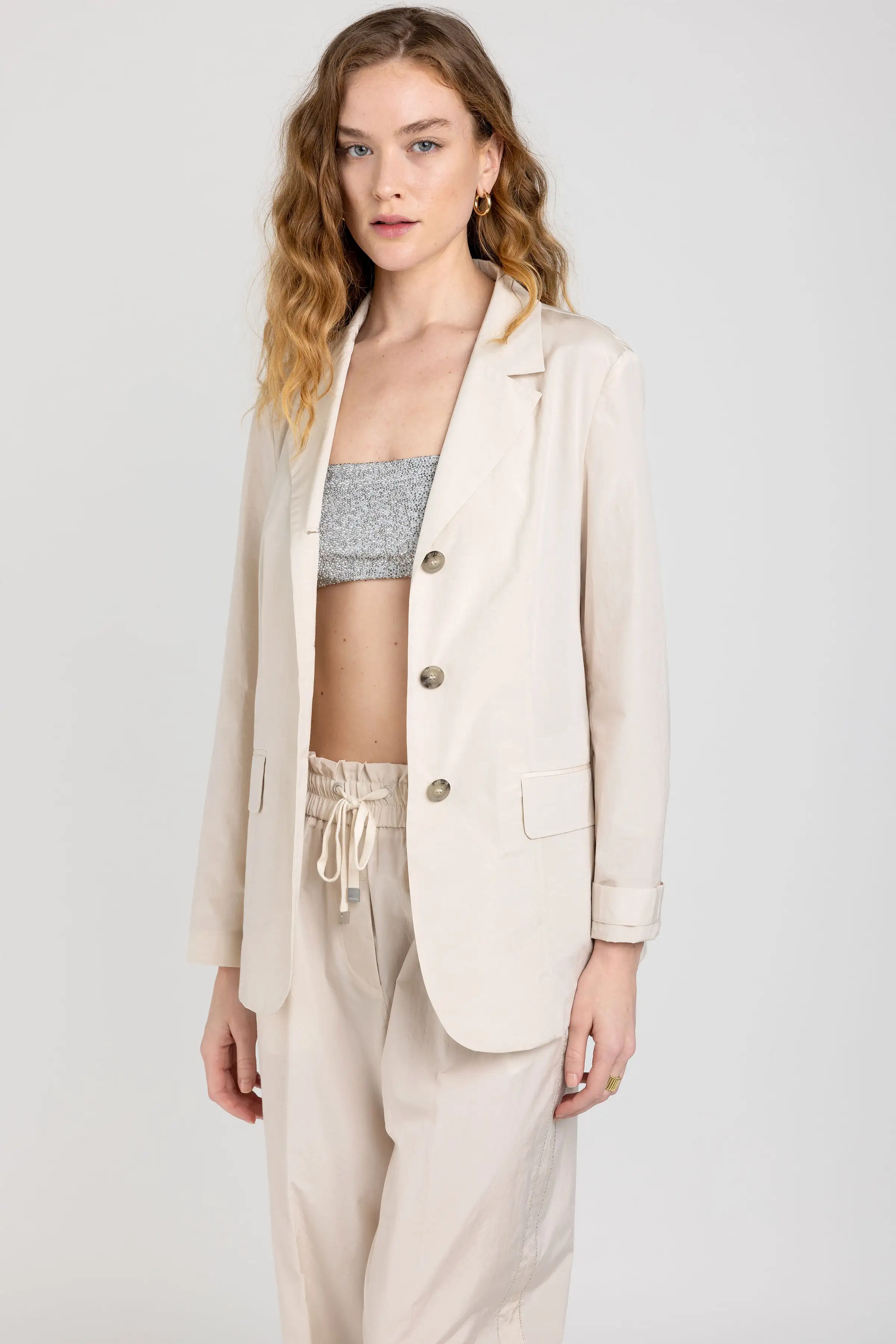 Cotton Poplin Blazer in Sesame Beige