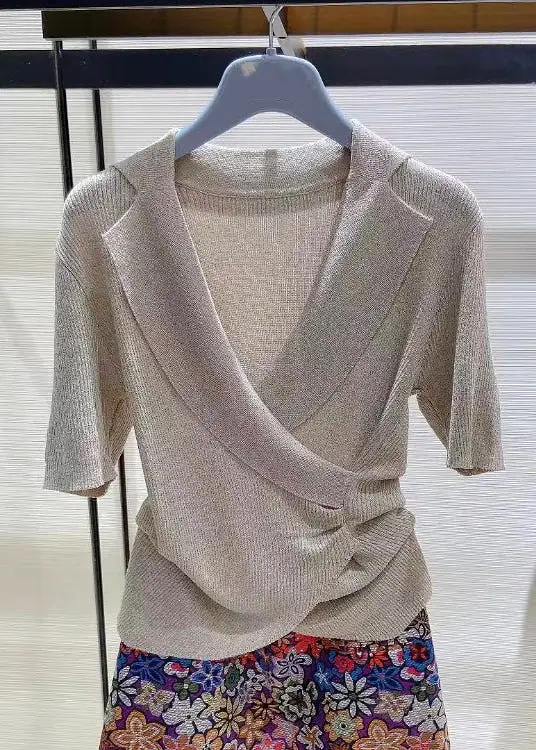 Cozy Grey Asymmetrical Solid Knit Top Short Sleeve AS1035