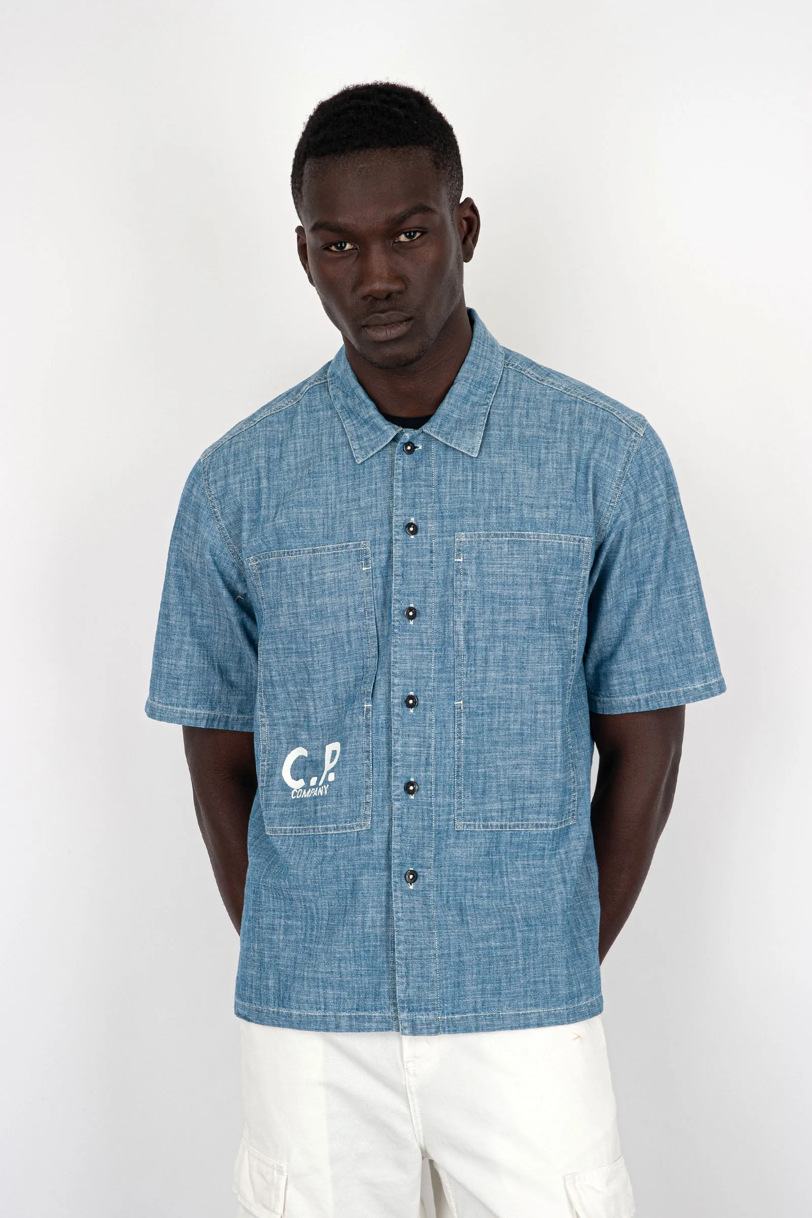 C.P. Company Camicia Short-Sleeved Logo Cotone Chambray