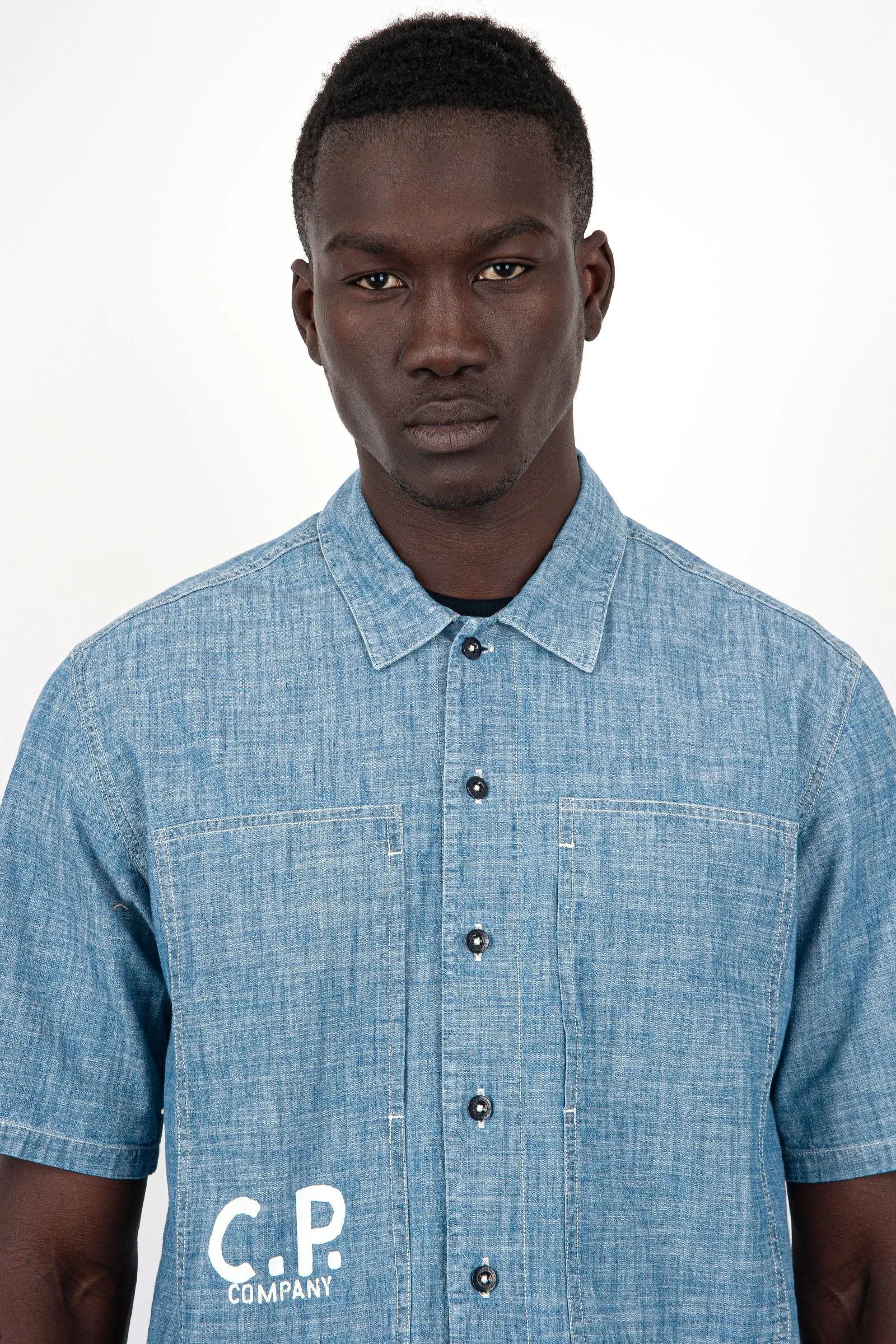 C.P. Company Camicia Short-Sleeved Logo Cotone Chambray