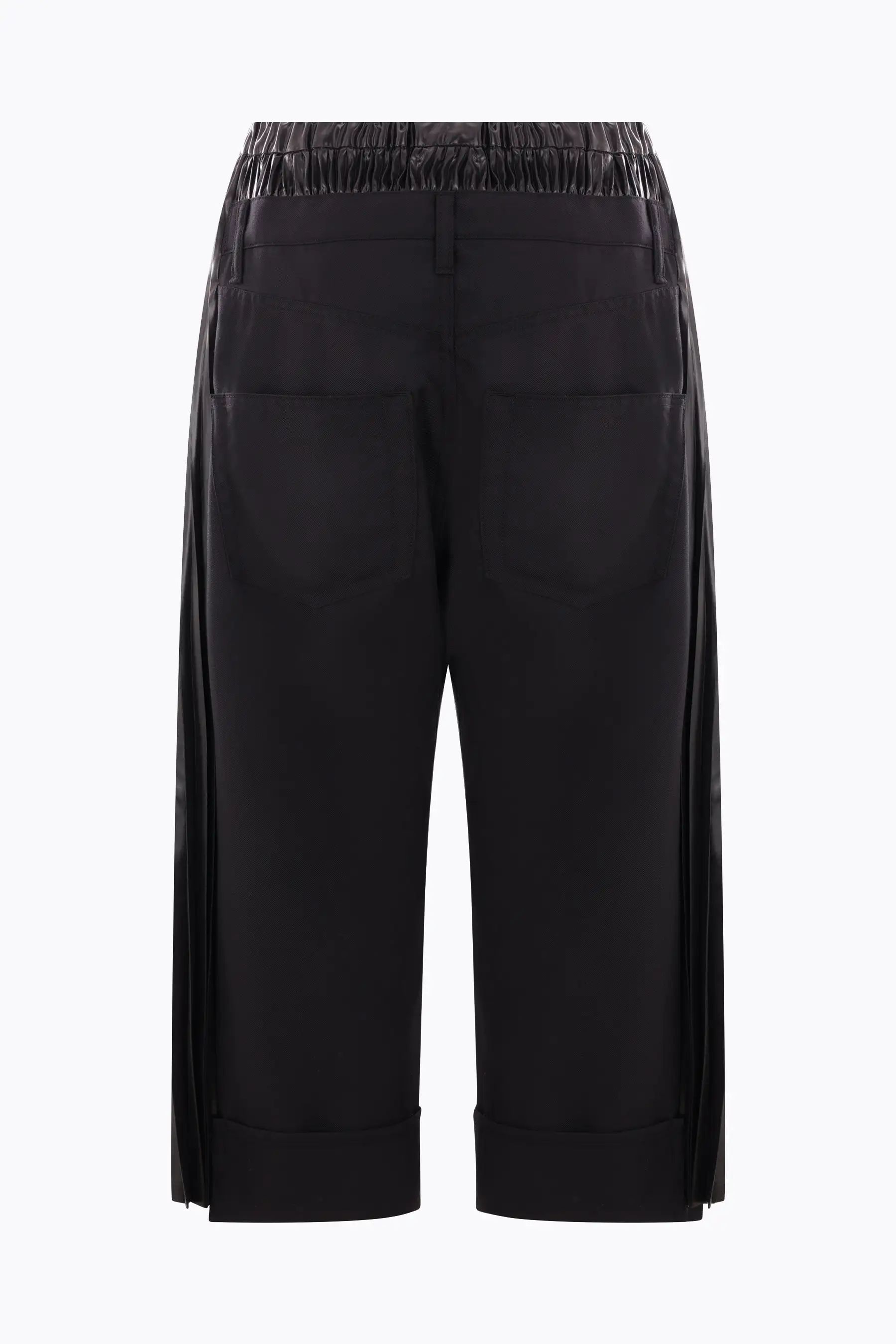 cropped pants in twill and shiny pleated nylon