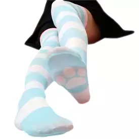 CUTE CAT CLAW BLUE PINK STRIPE KNEE SOCKS BY98222