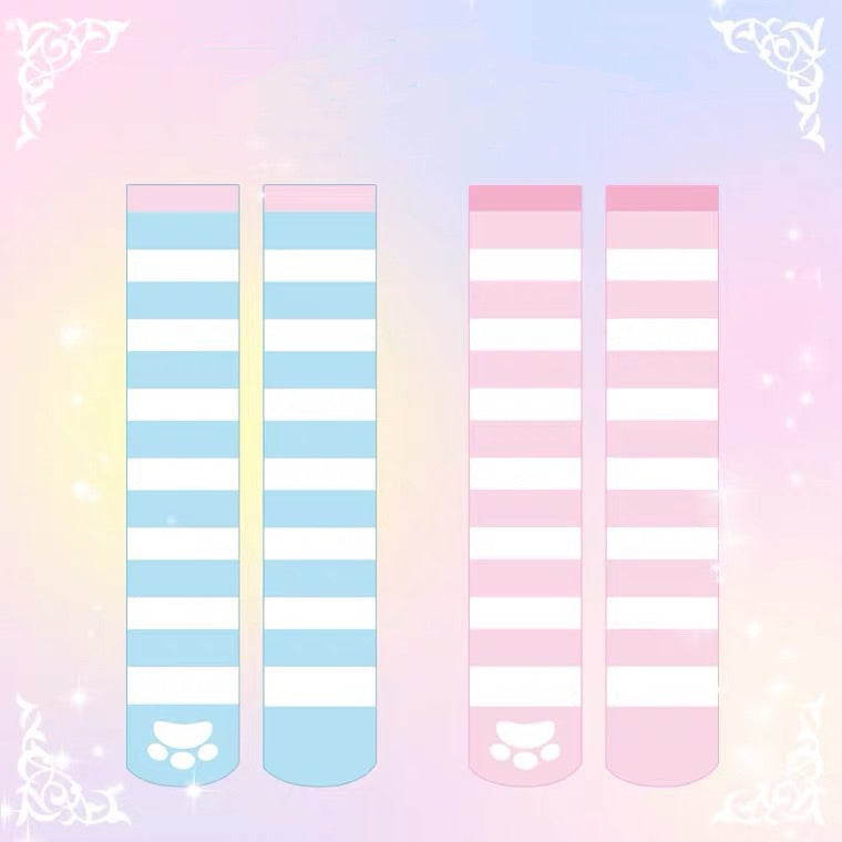 CUTE CAT CLAW BLUE PINK STRIPE KNEE SOCKS BY98222