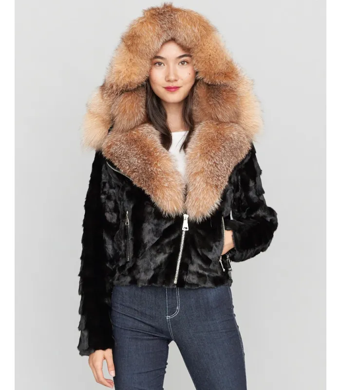 Diamond Mink Motor Jacket w/Fox Collar & Hood in Black: FurHatWorld