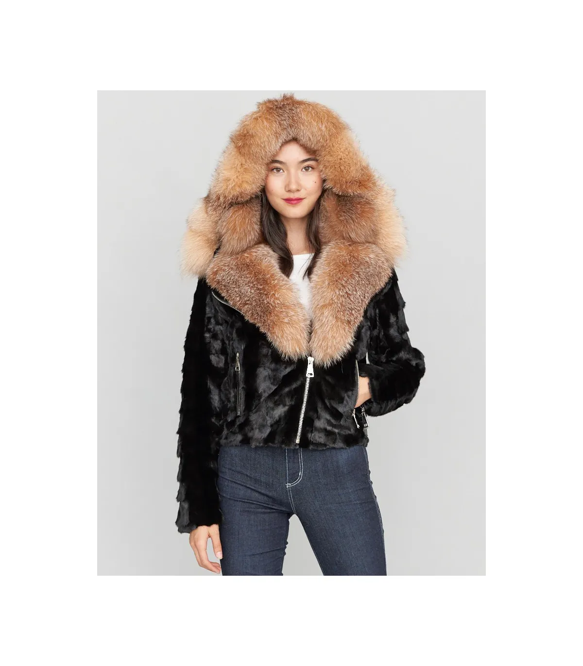 Diamond Mink Motor Jacket w/Fox Collar & Hood in Black: FurHatWorld