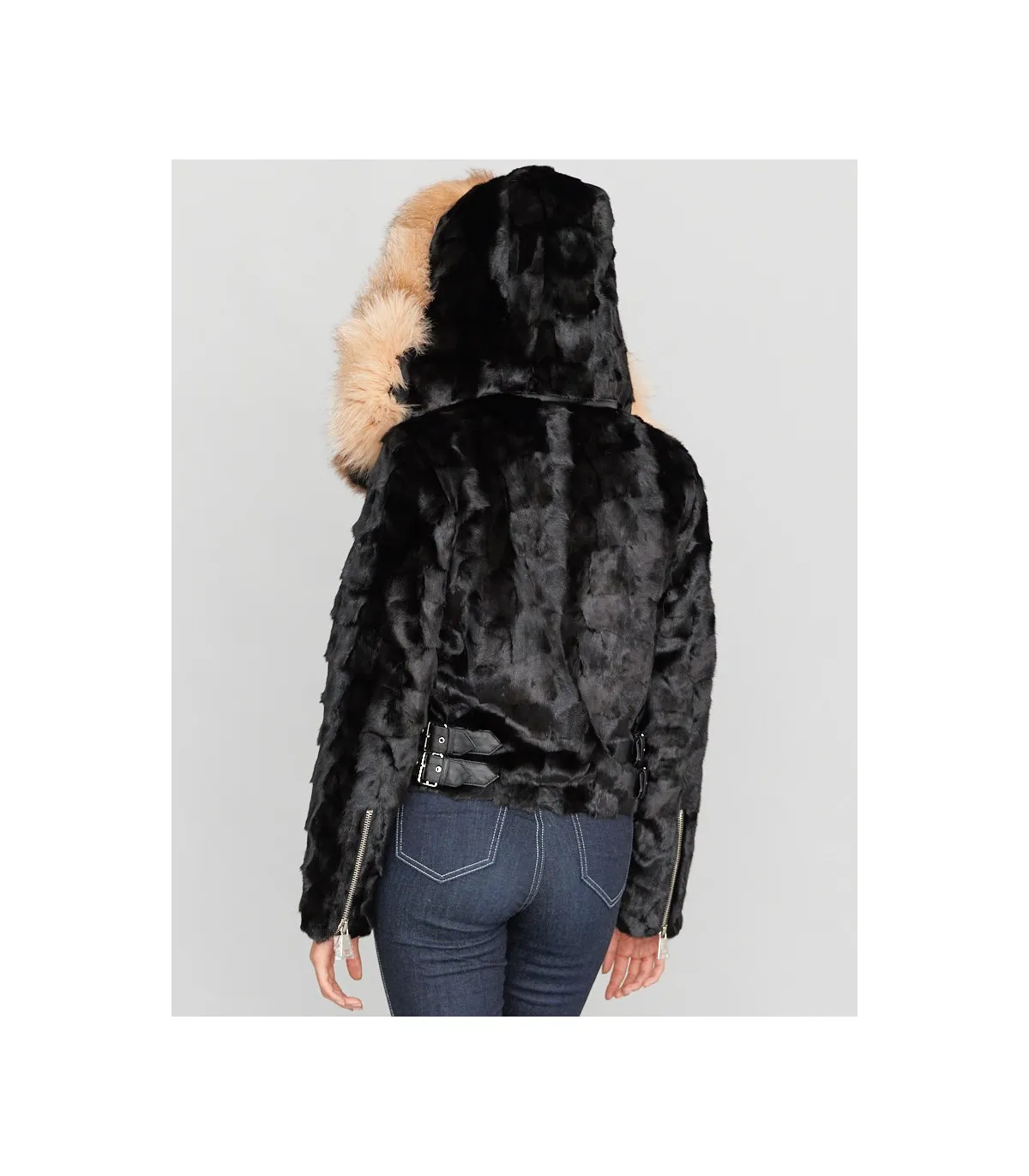 Diamond Mink Motor Jacket w/Fox Collar & Hood in Black: FurHatWorld