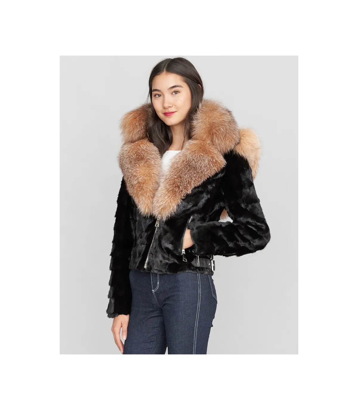 Diamond Mink Motor Jacket w/Fox Collar & Hood in Black: FurHatWorld