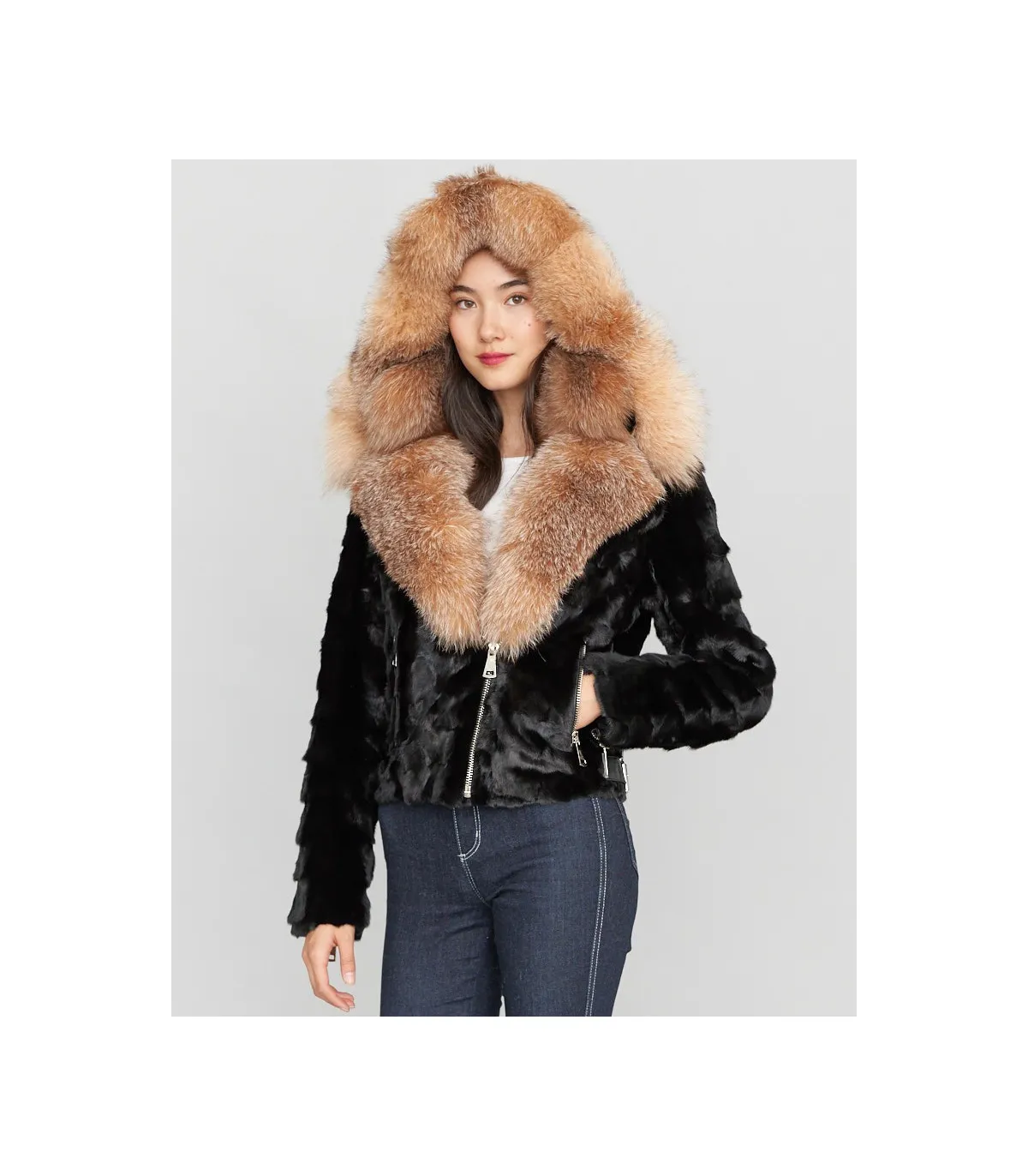 Diamond Mink Motor Jacket w/Fox Collar & Hood in Black: FurHatWorld