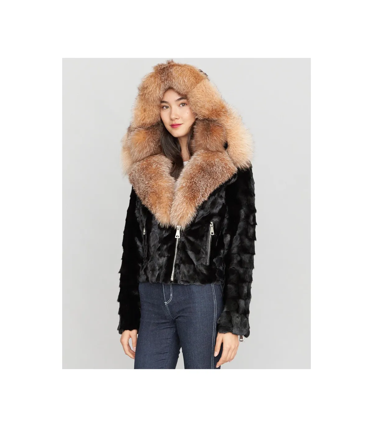 Diamond Mink Motor Jacket w/Fox Collar & Hood in Black: FurHatWorld