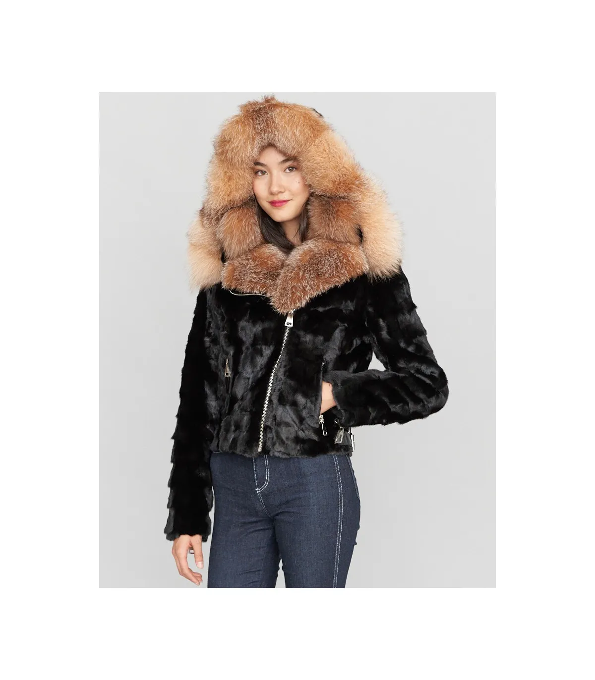 Diamond Mink Motor Jacket w/Fox Collar & Hood in Black: FurHatWorld