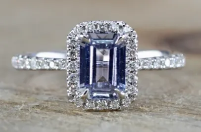 Elongated Natural Light Blue Sapphire Halo Diamond Engagement Ring M3064