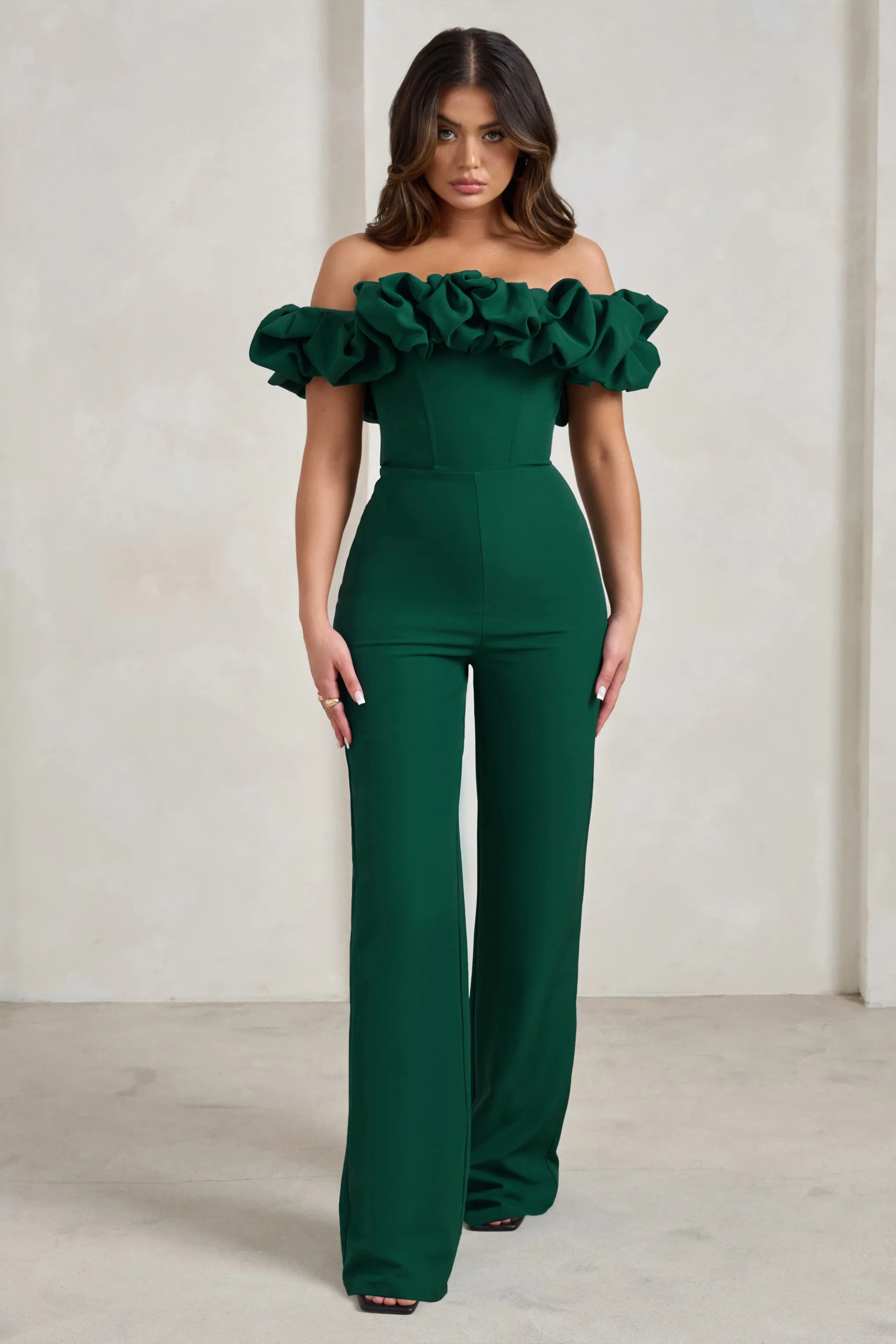 Esmie | Bottle Green Structured Statement Bardot Wide Leg Jumpsuit