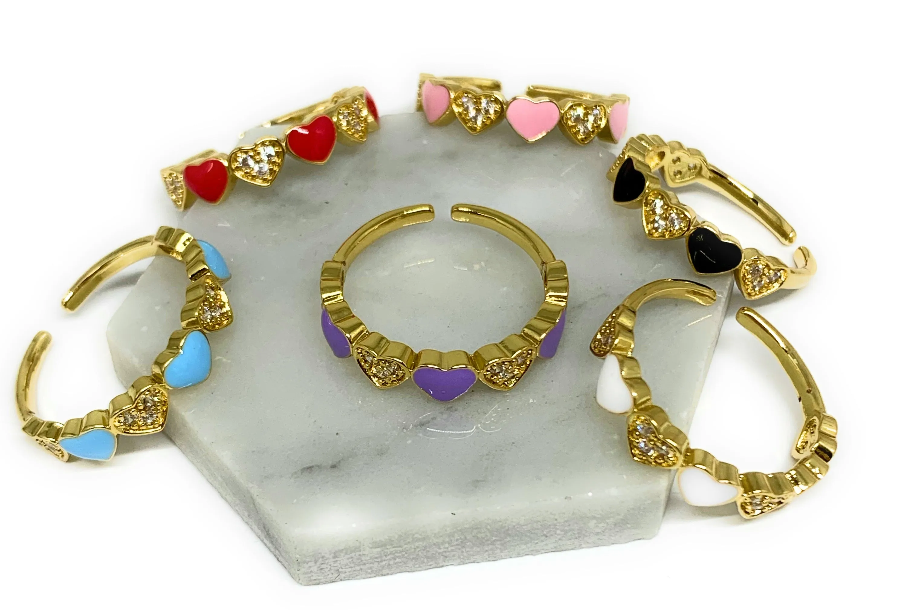 Gold Plated Adjustable Heart Band Ring Anillo (WHITE, PURPLE, RED, PINK, LIGHT BLUE, BLACK)