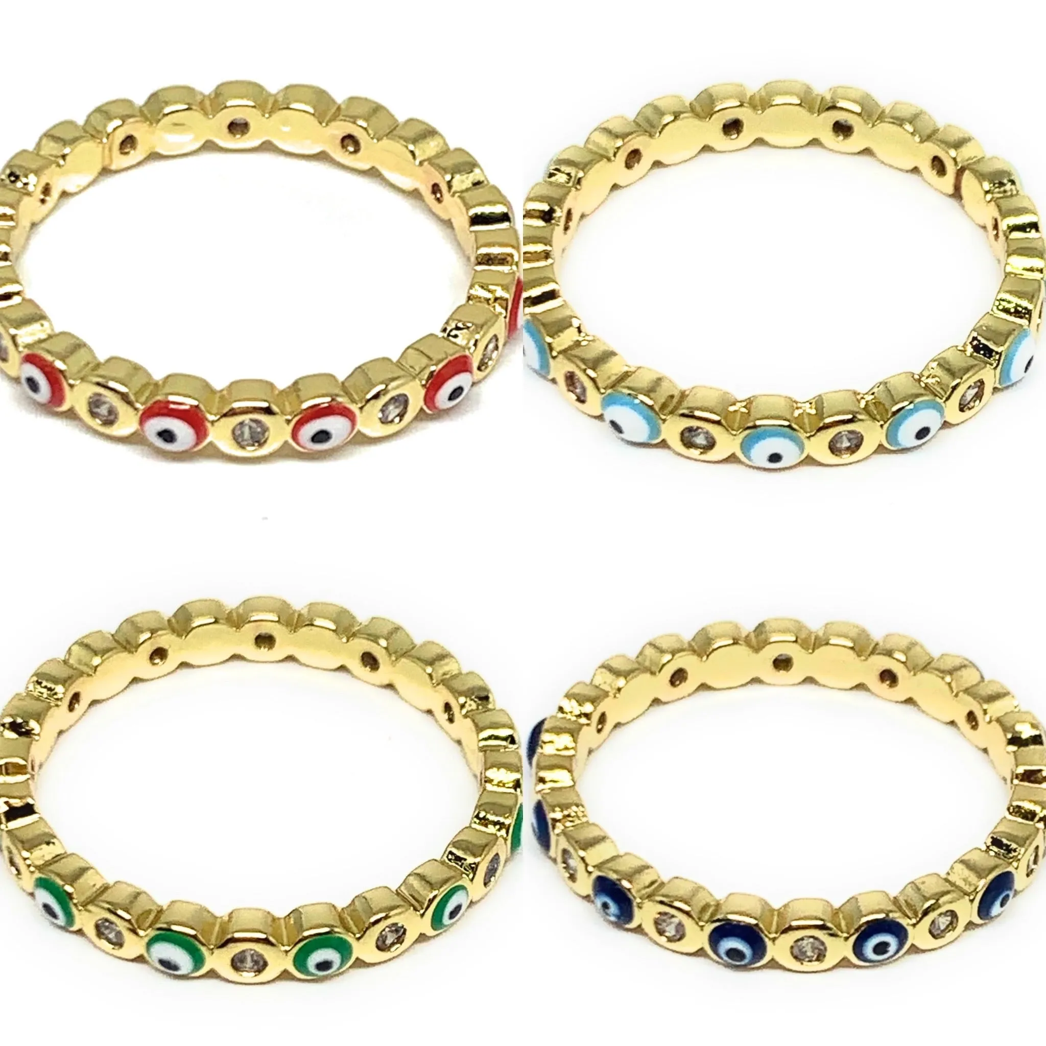 Gold Plated Evil Eye Mini Band Ring Anillo (RED, GREEN, LIGHT BLUE, DARK BLUE)