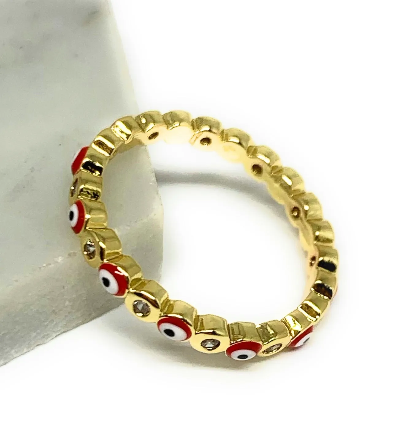 Gold Plated Evil Eye Mini Band Ring Anillo (RED, GREEN, LIGHT BLUE, DARK BLUE)