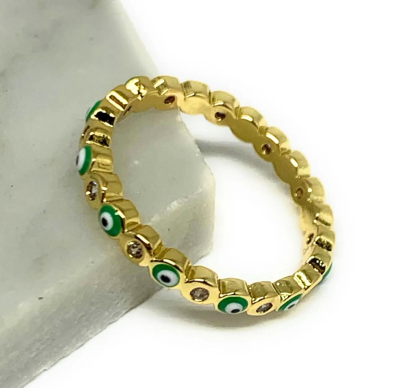 Gold Plated Evil Eye Mini Band Ring Anillo (RED, GREEN, LIGHT BLUE, DARK BLUE)