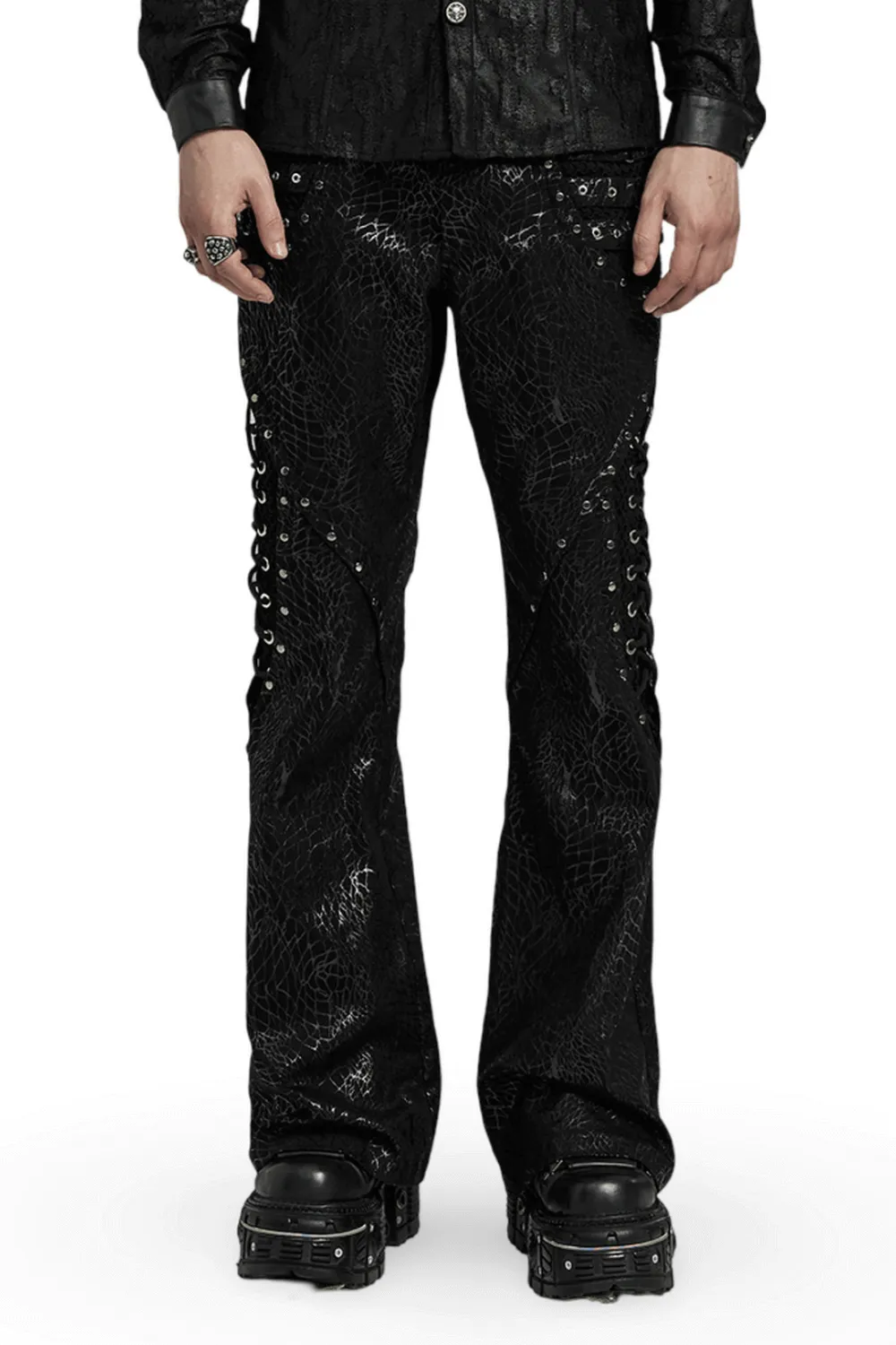 Gothic  Lace-up Black Twill Flare Pants for Men